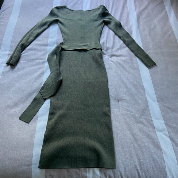 The Group Babaton Olive Green Ribbed Knit Midi Dress with Belted Waist Sz XXS - Picture 8 of 9